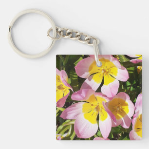 ピンクと黄色の花アクリルキーリング キーホルダー