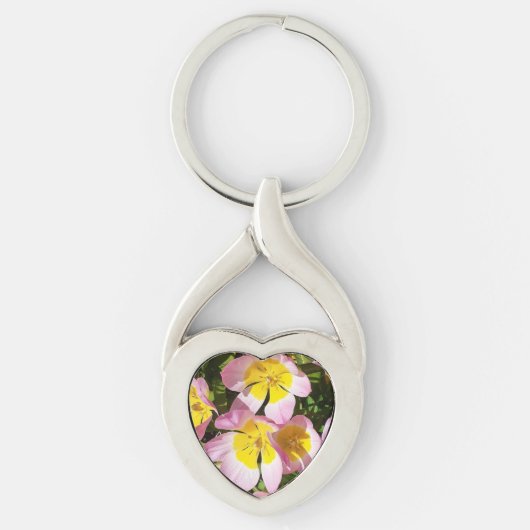 ピンクと黄色の花メタルキーリング キーホルダー (正面)