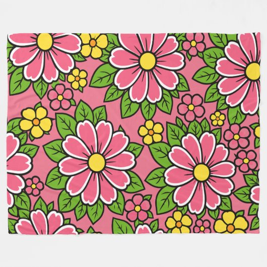 ピンクと黄色の花柄と緑の葉 フリースブランケット (正面(横))