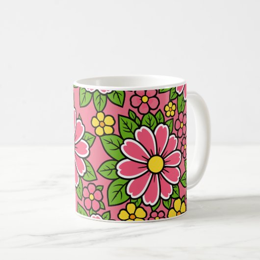 ピンクと黄色の花柄に緑の葉 コーヒーマグカップ (正面右)