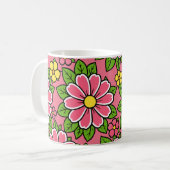 ピンクと黄色の花柄に緑の葉 コーヒーマグカップ (正面左)