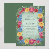 ピンクと黄色の花柄 ロマンティックな結婚式 招待状 (正面/裏面)