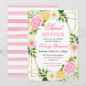 ピンクと黄色の花金ゴールドフレーム甘い16 招待状 (正面/裏面)