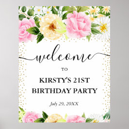 ピンクと黄色の花21歳の誕生日へようこそ ポスター
