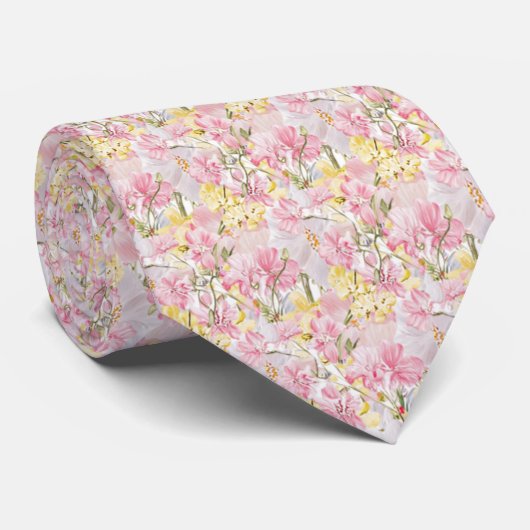 ピンクと黄色の花 ネクタイ (ロール)