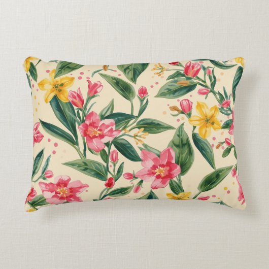 ピンクと黄色の花、フラワー、花柄、黄色のストライプ アクセントクッション (正面)