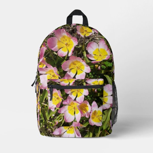 ピンクと黄色の花 プリントバックパック (正面)