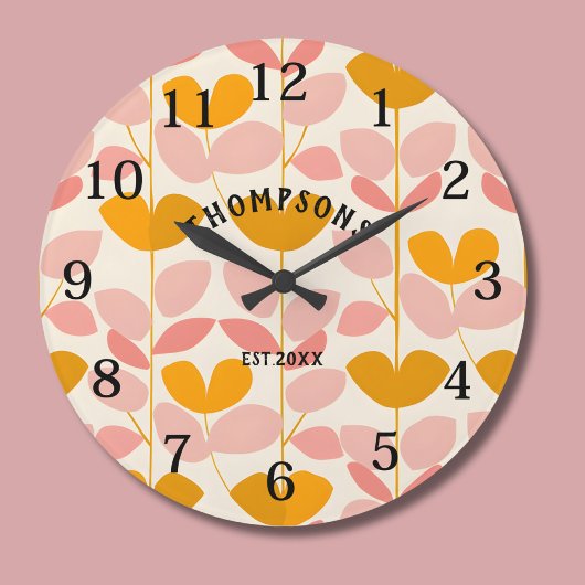 ピンクと黄色の葉のデザインモノグラム ラージ壁時計