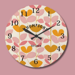 ピンクと黄色の葉のデザインモノグラム ラージ壁時計