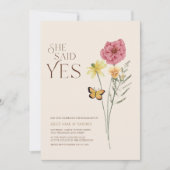 ピンクと黄色の野の花で「She Said Yes」エンゲージメント 招待状 (正面)
