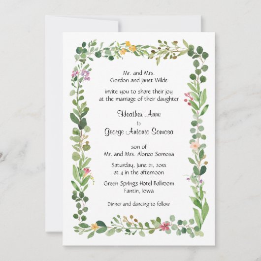 ピンクと黄色の野の花と緑結婚の 招待状 (正面)