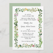 ピンクと黄色の野の花と緑結婚の 招待状 (正面/裏面)