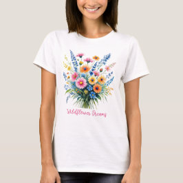 ピンクと黄色の野の花の水彩パーソナライズデザイン Tシャツ