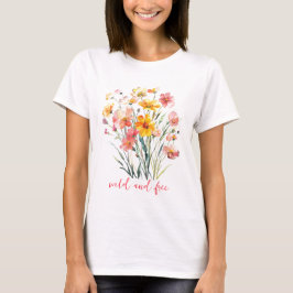 ピンクと黄色の野の花 水彩 野生の自由 Tシャツ