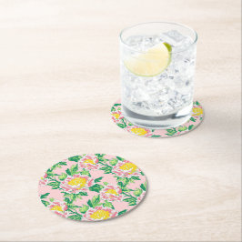 ピンクと黄色の陳腐なフローラ ラウンドペーパーコースター