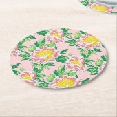 ピンクと黄色の陳腐なフローラ ラウンドペーパーコースター (アングル)