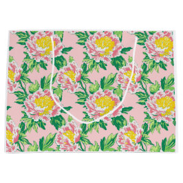 ピンクと黄色の陳腐なフローラ ラージペーパーバッグ