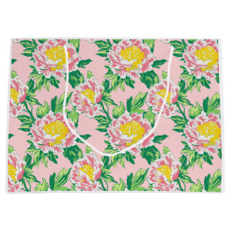 ピンクと黄色の陳腐なフローラ ラージペーパーバッグ