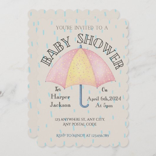 ピンクと黄色の雨粒の傘 招待状 (正面/裏面)