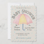 ピンクと黄色の雨粒の傘 招待状 (正面)