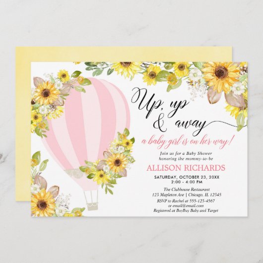 ピンクと黄色の風船とひまわりと女の子の赤ちゃん 招待状 (正面/裏面)