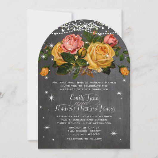 ピンクと黄色の黒板の家宝バラ結婚ズ 招待状 (正面)