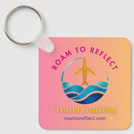 ピンクと黄色の「Roam to Reflect」キーチェーン キーホルダー (正面)
