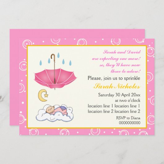ピンクと黄色を振りかける可愛い眠っているベビーガール 招待状 (正面/裏面)