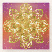 ピンクと黄色グラデーションと金ゴールド曼荼羅 ガラスコースター (正面)