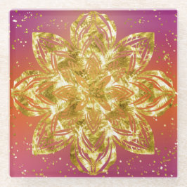 ピンクと黄色グラデーションと金ゴールド曼荼羅 ガラスコースター