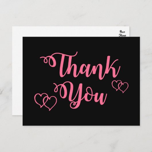 ピンクと黒ありがとうハート結婚式パーティー ポストカード (正面/裏面)