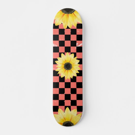 ピンクと黒と市松模様にひまわり スケートボード (正面)