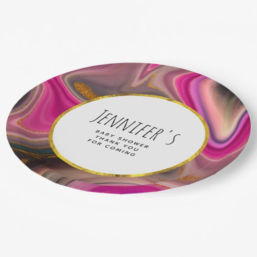 ピンクと黒と金ゴールド渦巻き赤ちゃんシャワー ペーパープレート (アングル)