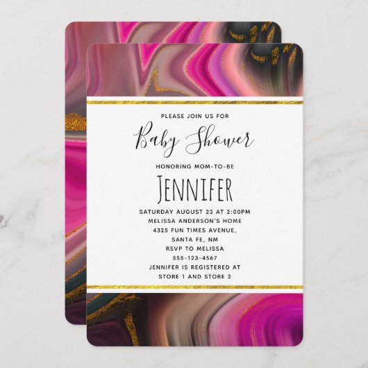 ピンクと黒と金ゴールド渦巻き赤ちゃんシャワー 招待状 (正面/裏面)