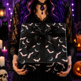 ピンクと黒のこうもり セレスティアルムーンのハロウィンパターン ラッピングペーパー