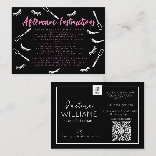 ピンクと黒のまつげエクステンションアフターケア 名刺 (正面/裏面)