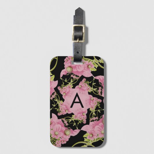 ピンクと黒のアキレアモノグラム ラゲッジタグ (正面縦)