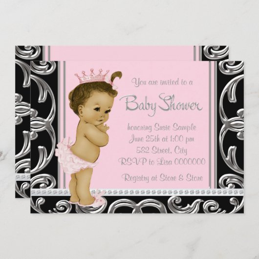 ピンクと黒のエスニックベイビーシャワー 招待状 (正面/裏面)
