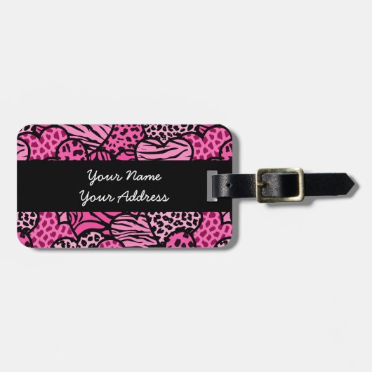 ピンクと黒のガーリーアニマルプリントハート ラゲッジタグ (正面横)