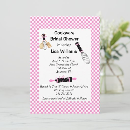ピンクと黒のクック用品ブライダルシャワーの招待 招待状 (スタンド正面)
