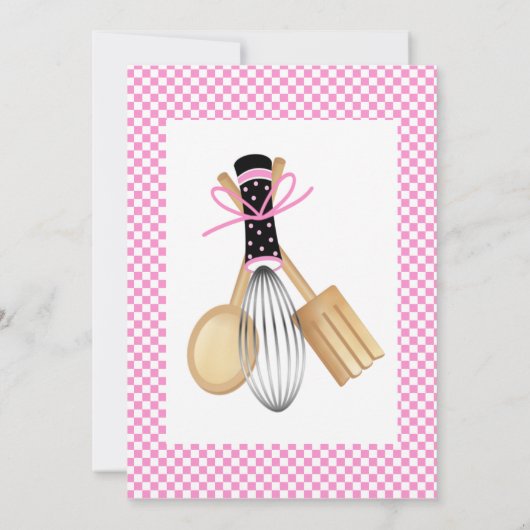 ピンクと黒のクック用品ブライダルシャワーの招待 招待状 (裏面)