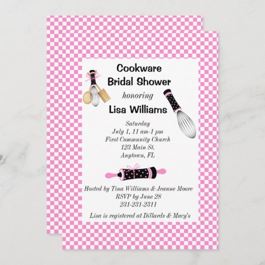 ピンクと黒のクック用品ブライダルシャワーの招待 招待状 (正面/裏面)