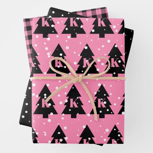 ピンクと黒のクリスマスツリー ラッピングペーパーシート (インサイチュ)