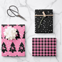 ピンクと黒のクリスマスツリー ラッピングペーパーシート