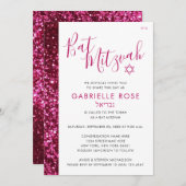 ピンクと黒のグリッターヘブライ語の名モダン前(ユダヤ教の)バル・ミツバー 招待状 (正面/裏面)