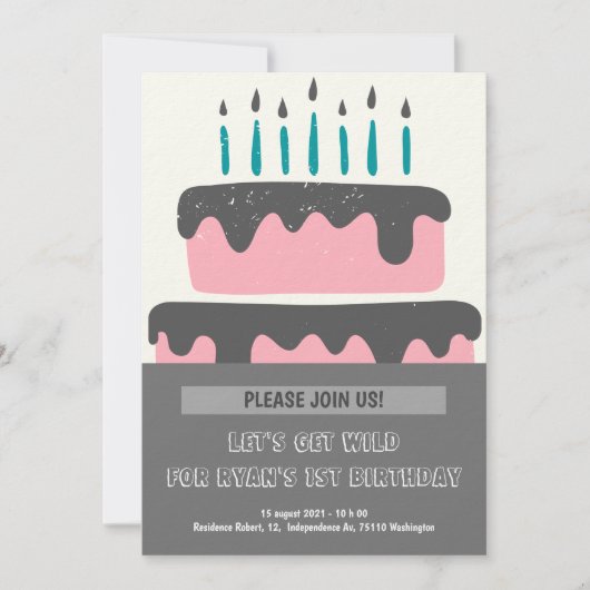 ピンクと黒のケーキ 1歳の誕生日招待状 招待状 (正面)