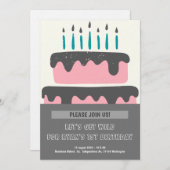 ピンクと黒のケーキ 1歳の誕生日招待状 招待状 (正面/裏面)