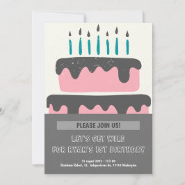 ピンクと黒のケーキ 1歳の誕生日招待状 招待状