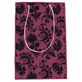ピンクと黒のゴシックの花のパターンのハロウィーン ミディアムペーパーバッグ (正面)