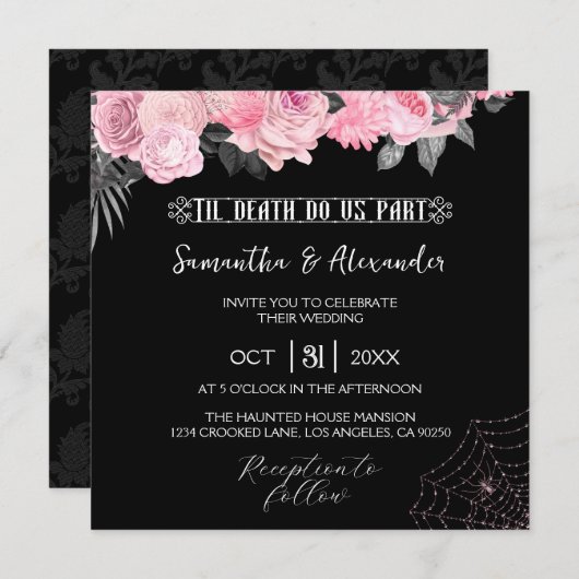 ピンクと黒のゴシック様式の結婚式招待状 招待状 (正面/裏面)